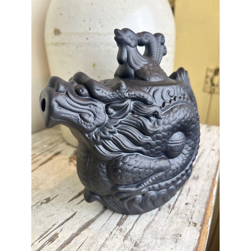 Vintage Black Yixing Purple Clay Dragon and Phoenix Teapot Stamped 7” x 6” MINT